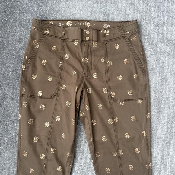 White House Black Market Pants Womens 10L Straight Crop Brown Metallic Print - Picture 2 of 13